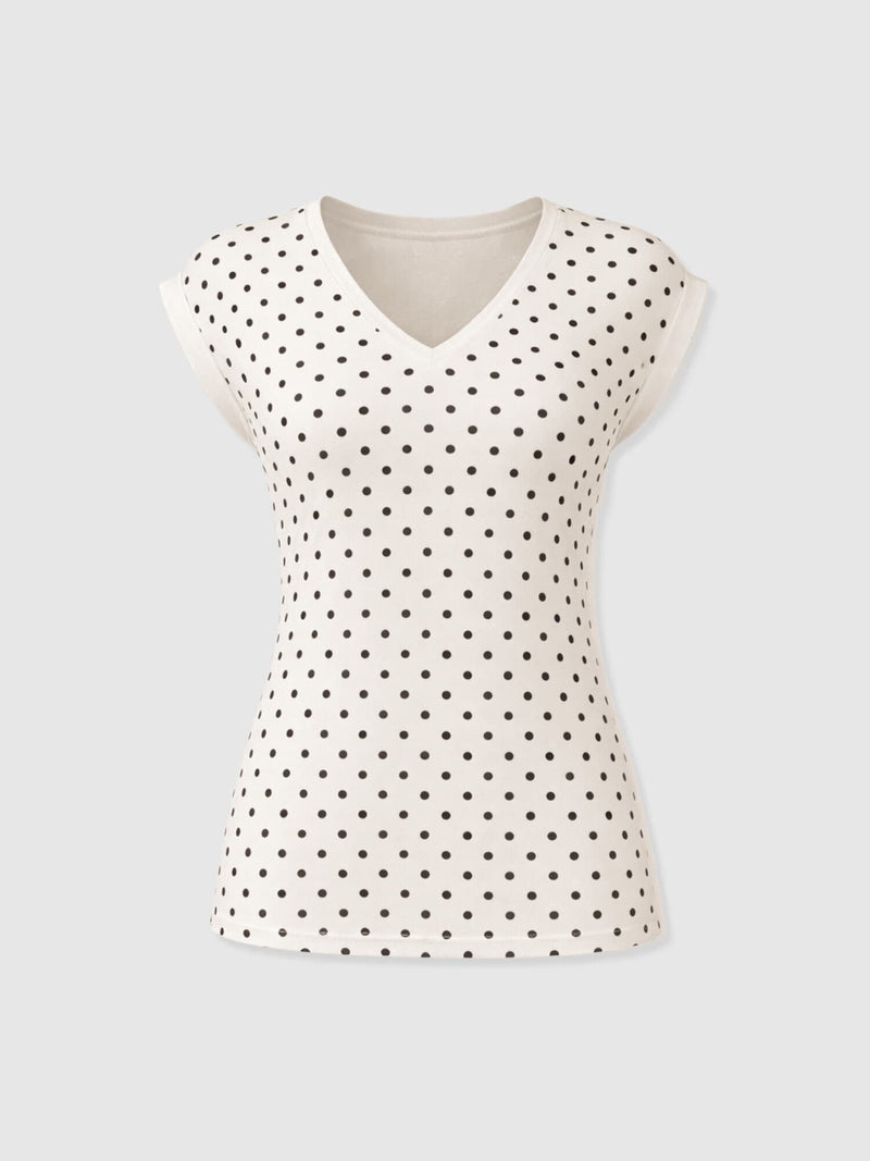 Turn Up Contrast V Neck Tee - Cream Polka Dot