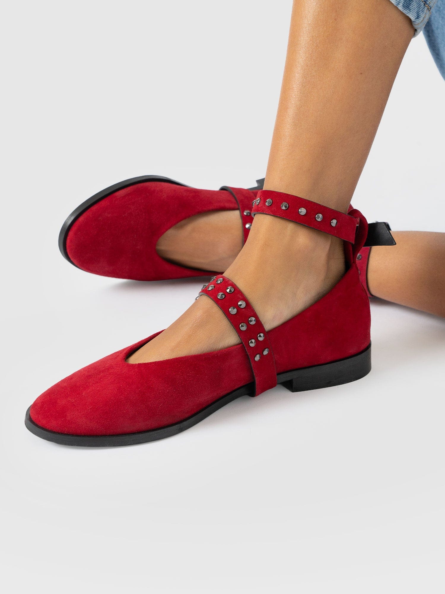 Vega Studded Ballerina Flats - Red Suede - Women's Shoes | Saint + Sofia® UK