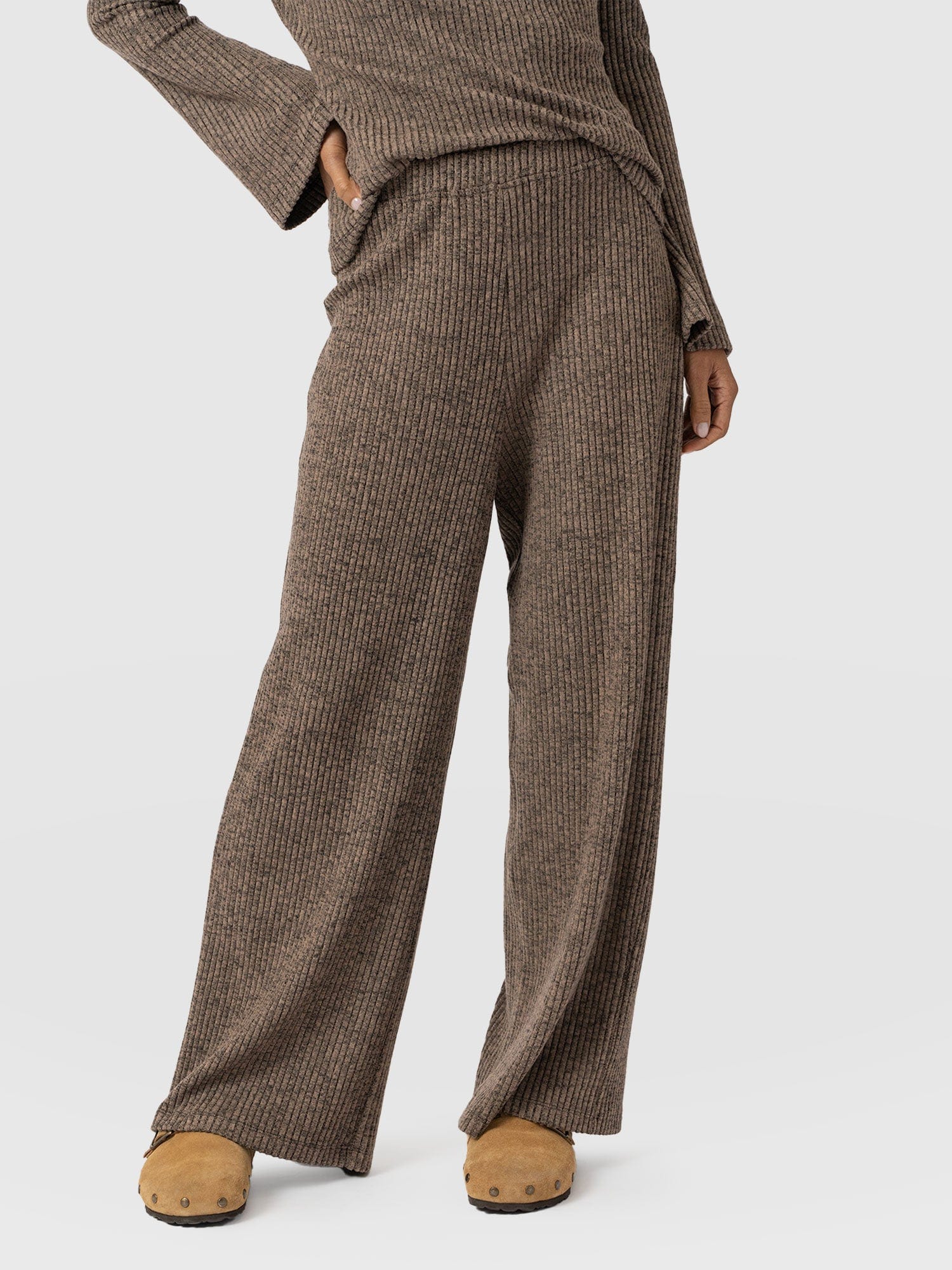 Victory Rib Wide Leg Pant Beige  - Women's Trousers | Saint + Sofia® UK