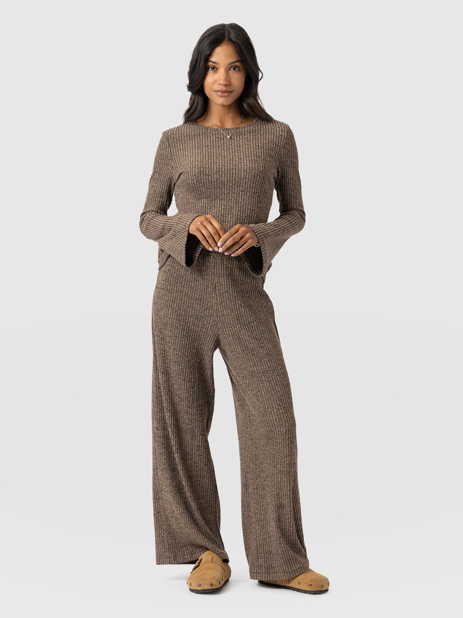 Victory Rib Wide Leg Pant Beige  - Women's Trousers | Saint + Sofia® UK