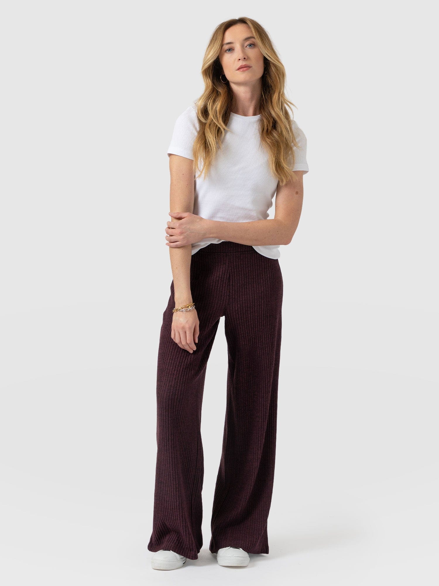 Victory Rib Wide Leg Pant Burgundy - Women's Trousers | Saint + Sofia® UK