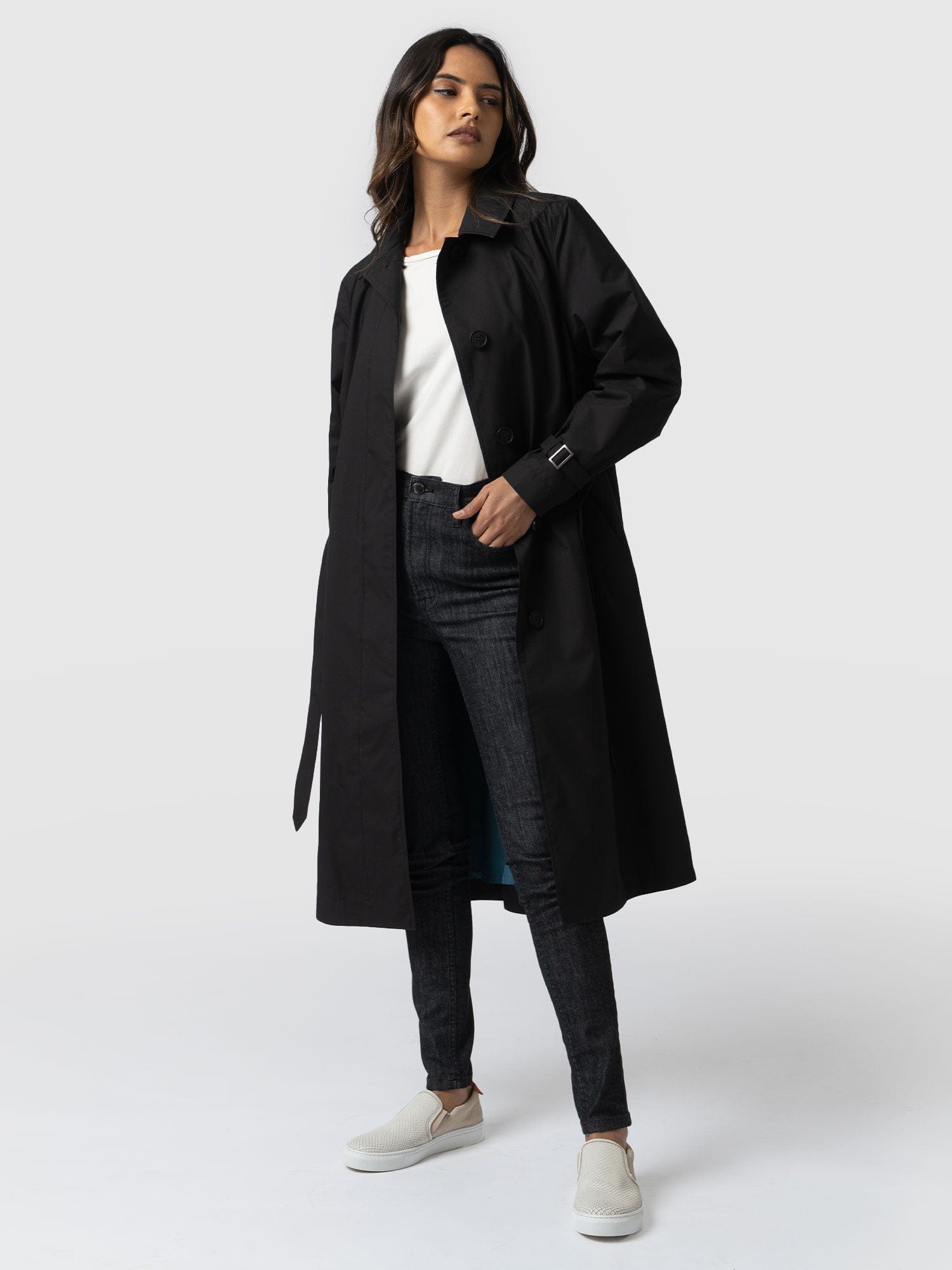 Long black trench 2025 coat with hood