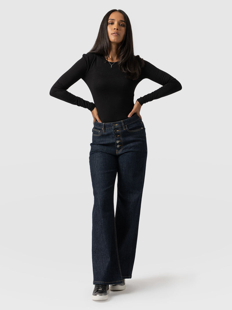 Wide Leg Button Fly Jean - Indigo Blue