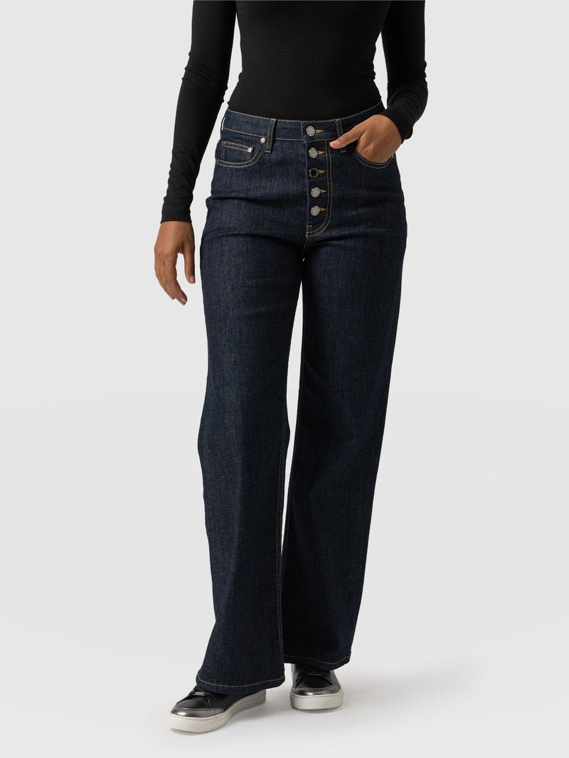 Wide Leg Button Fly Jean - Indigo Blue