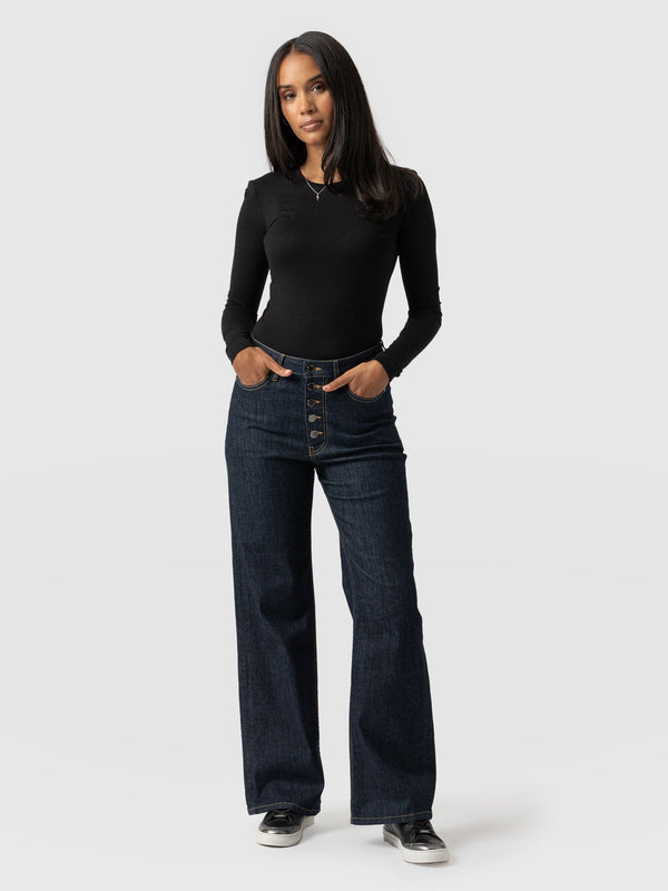 Wide Leg Button Fly Jean - Indigo Blue