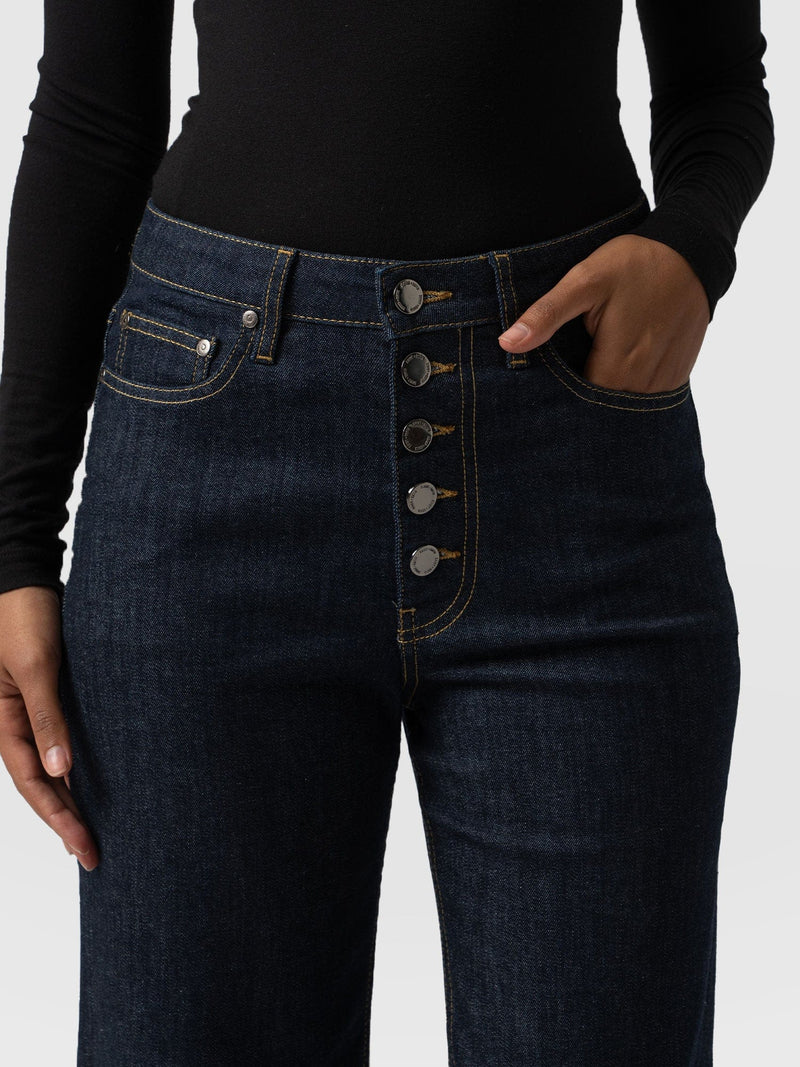 Wide Leg Button Fly Jean - Indigo Blue