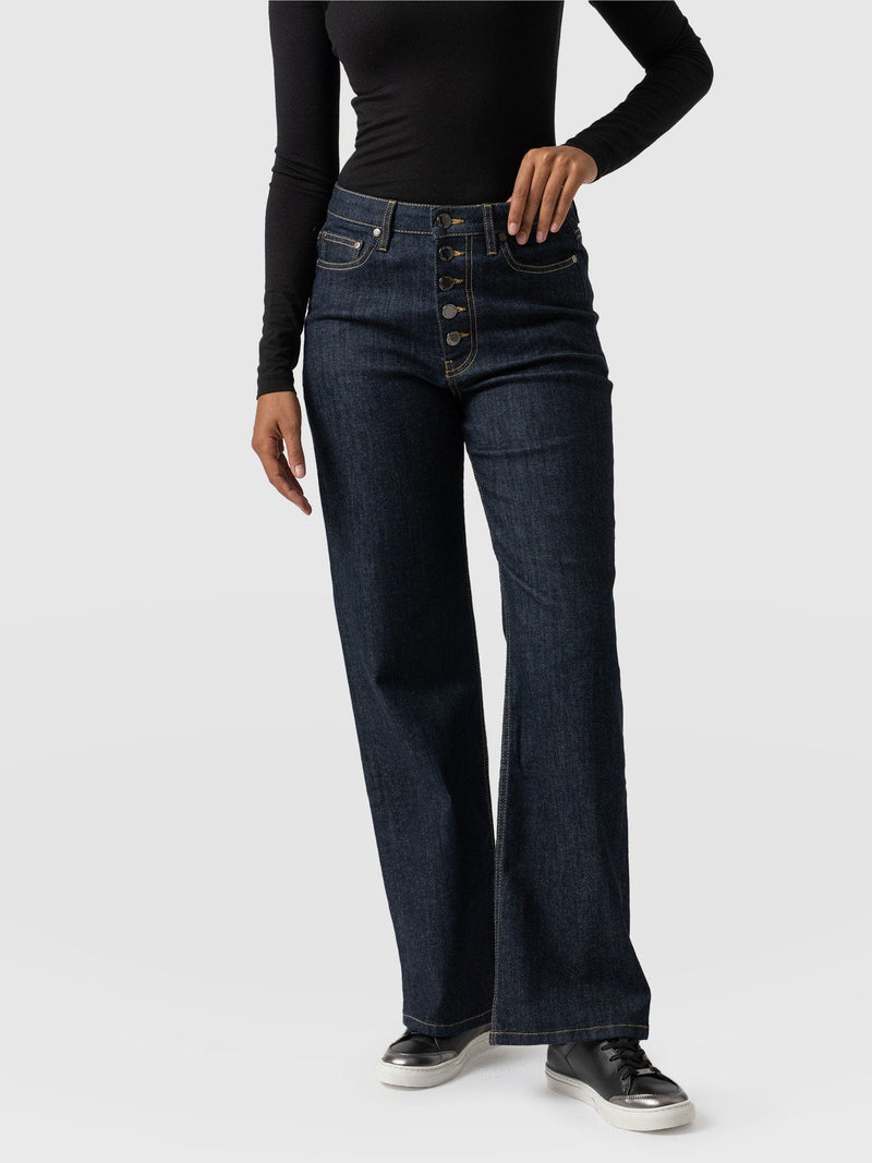 Wide Leg Button Fly Jean - Indigo Blue