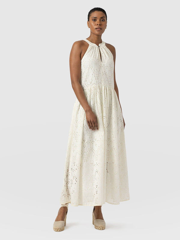 Zoey Halter Neck Dress - White Broderie