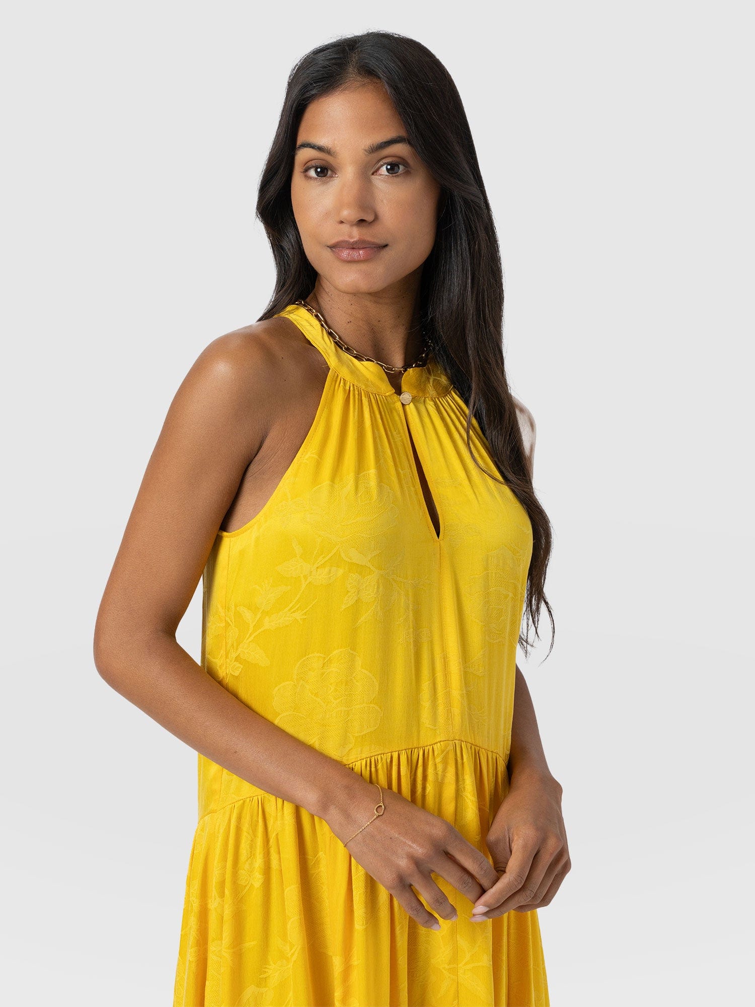 Zoey Halter Neck Dress - Yellow Jacquard - Women's Dresses | Saint + Sofia® UK