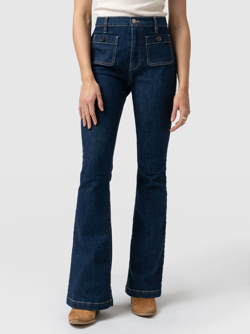 Bowie Stretch Flare Jeans Mid Blue - Women's Jeans | Saint + Sofia® UK ...