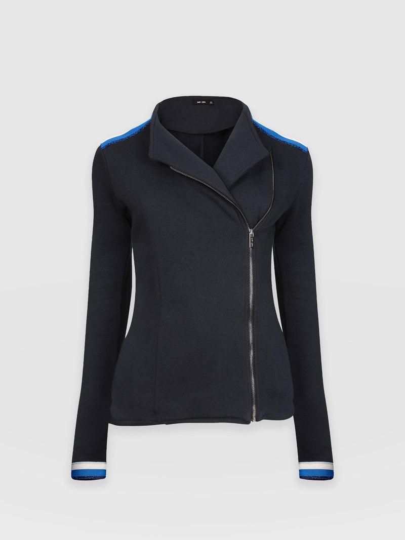 Cotton Biker Jacket - Navy Blue Stripe