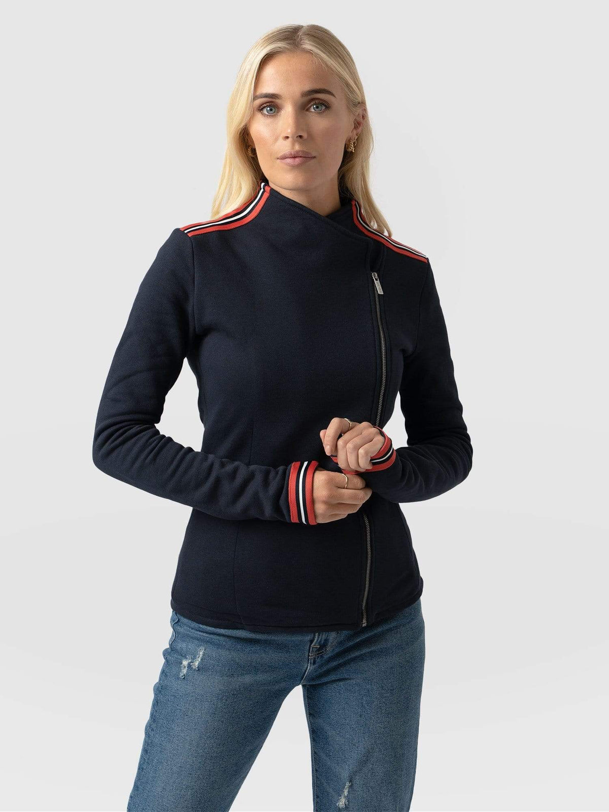 Cotton Biker Jacket Navy Stripe - Women's Jackets | Saint + Sofia® UK