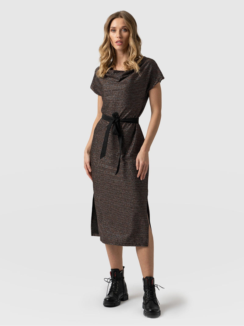 Cowl Neck Dress - Metallic Stripe