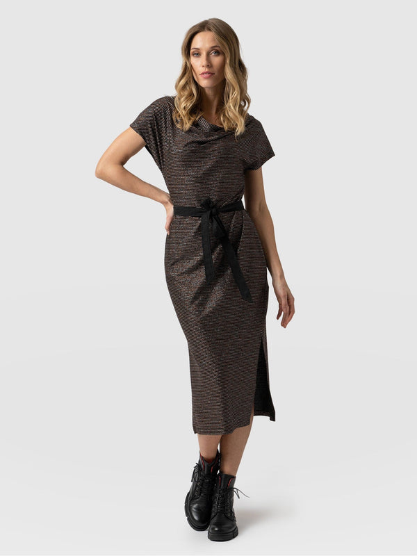 Cowl Neck Dress - Metallic Stripe