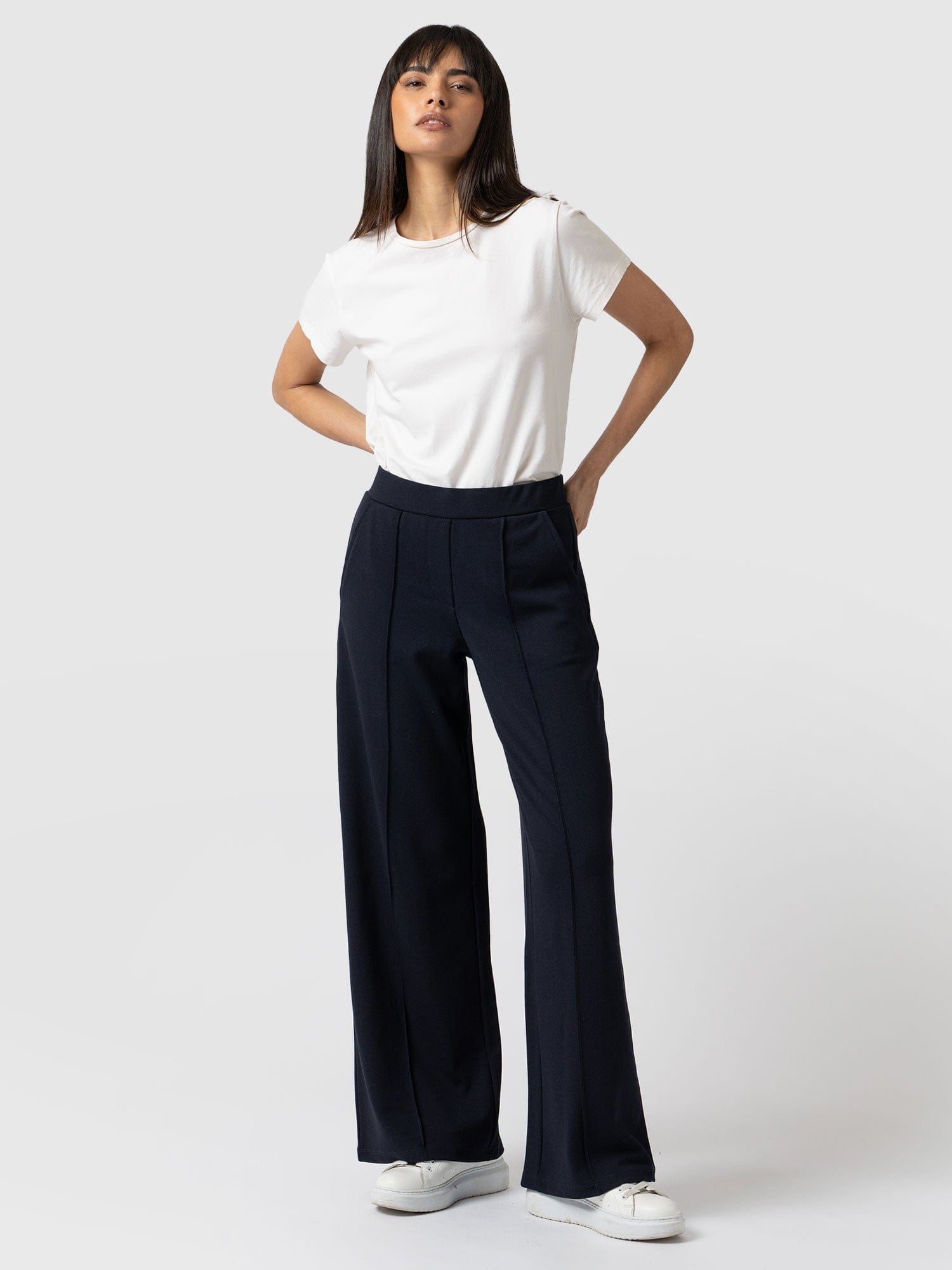 Navy Wide Leg Cashmere Trousers by Varana at ORCHARD MILE