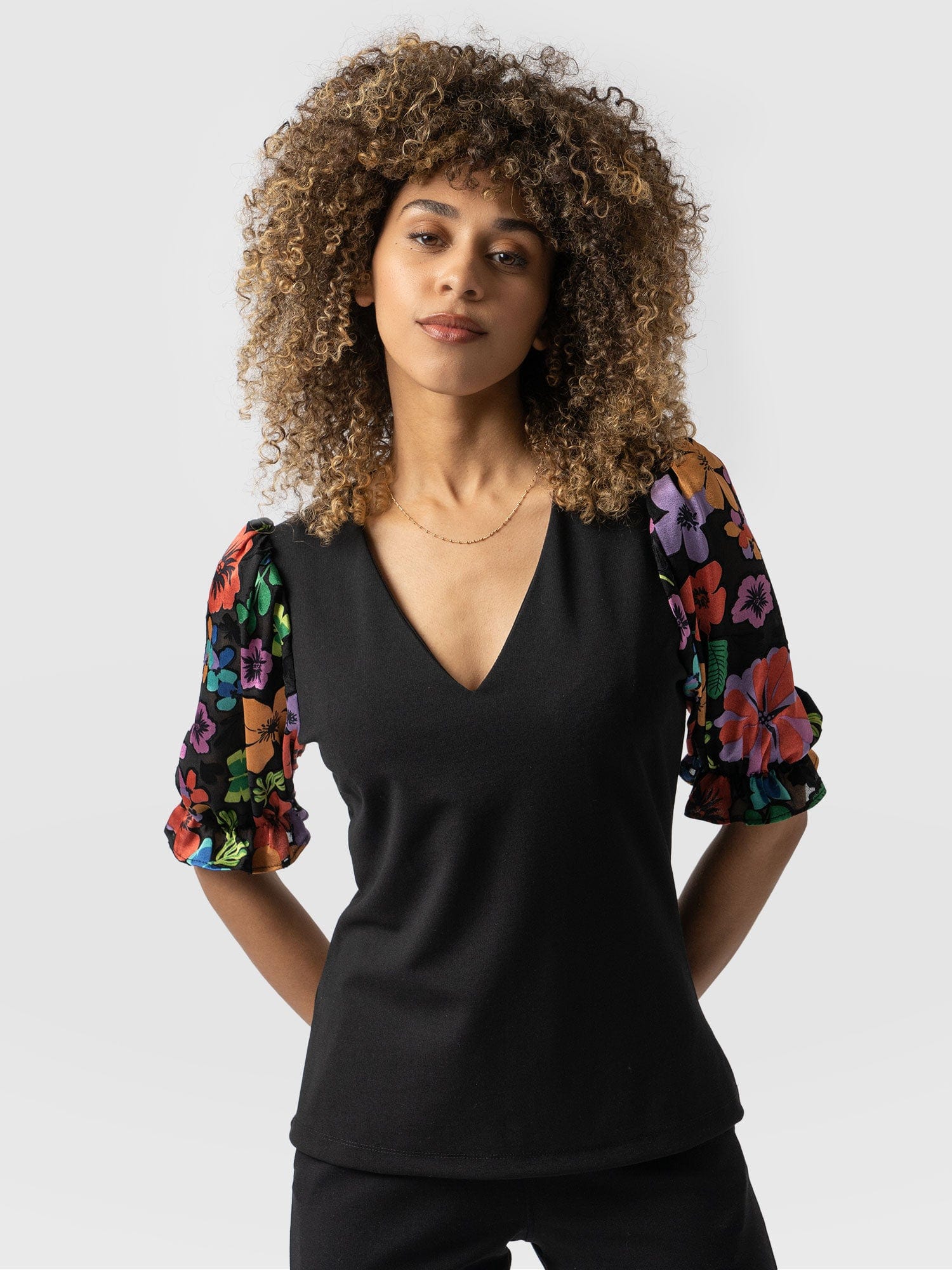 Tori Puff Sleeve Top  - Black Pop Floral