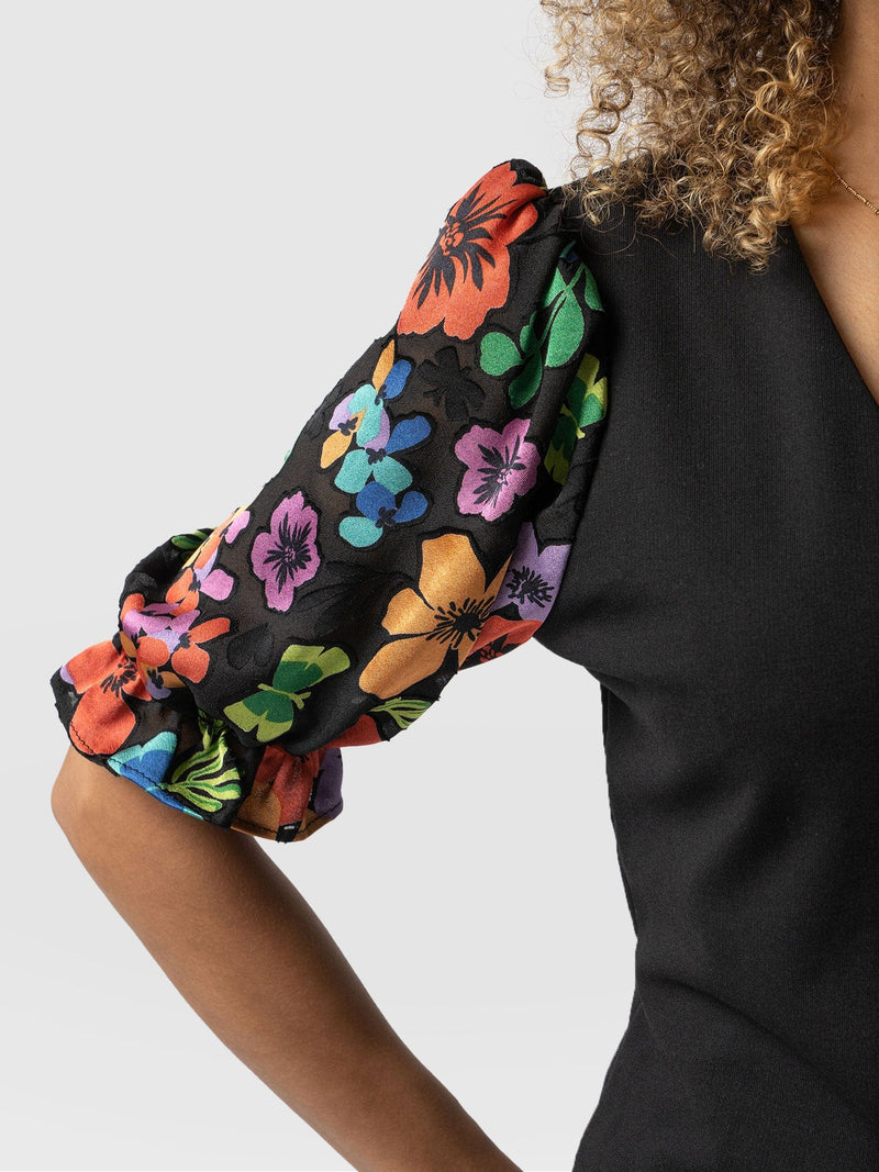 Tori Puff Sleeve Top  - Black Pop Floral